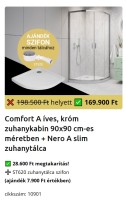 H2O Comfort A íves, króm zuhanykabin 90x90 cm + Nero A Slim lapos zuhanytálca SZETT